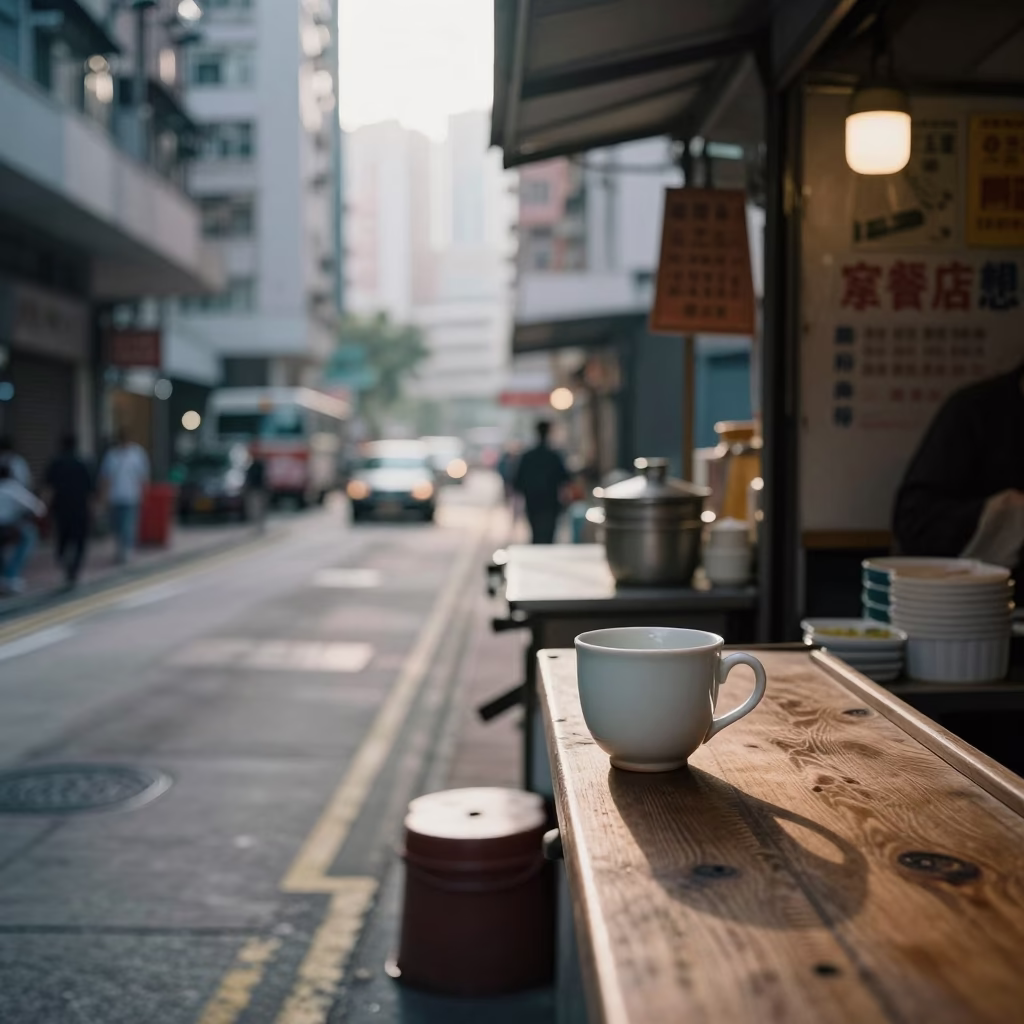 Early Morning Hong Kong Street Scene with Ceramic Cup and Blank Notebooks in in Hong Kong, Hong Kong