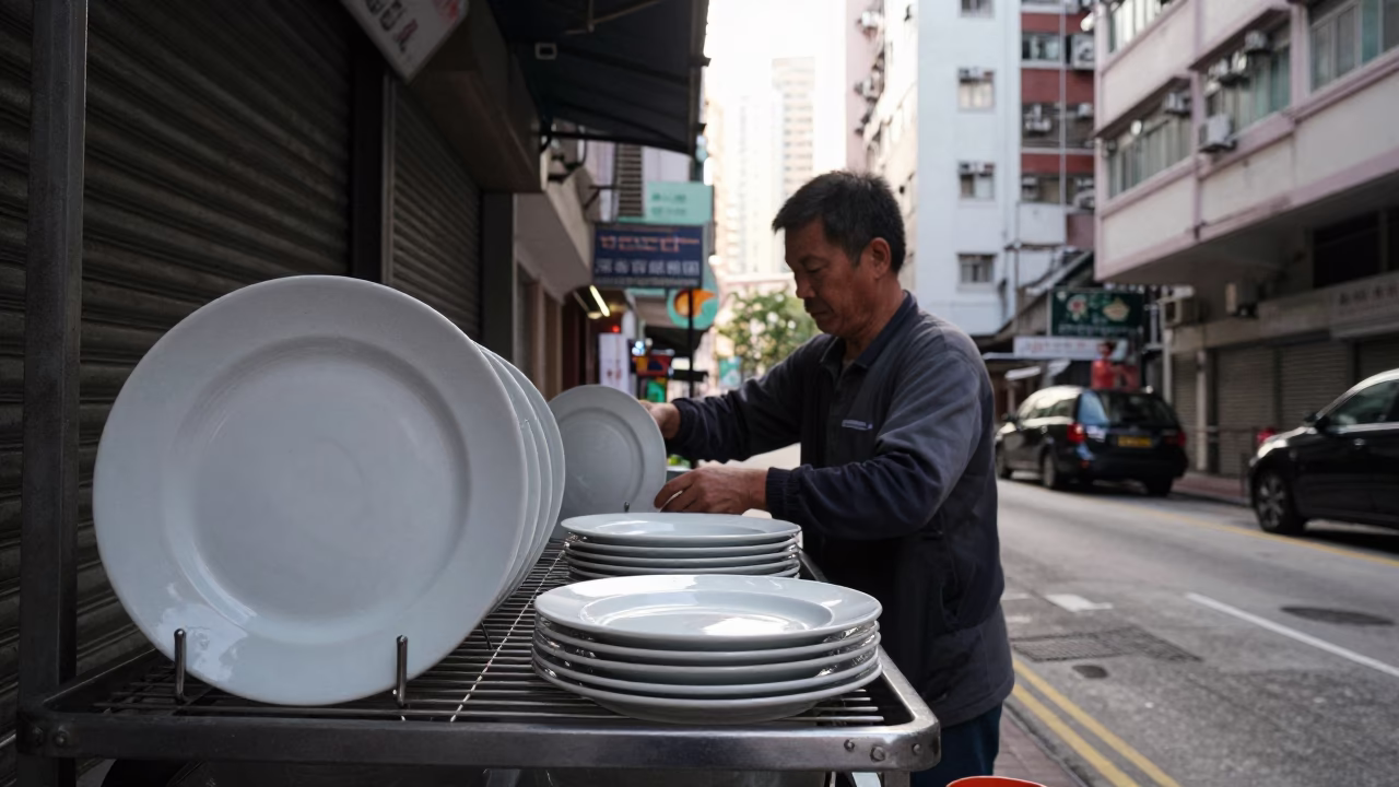 Early Morning Hong Kong Street Scene with Ceramic Plates and Dish Drainer in Alleyway in in Hong Kong, Hong Kong