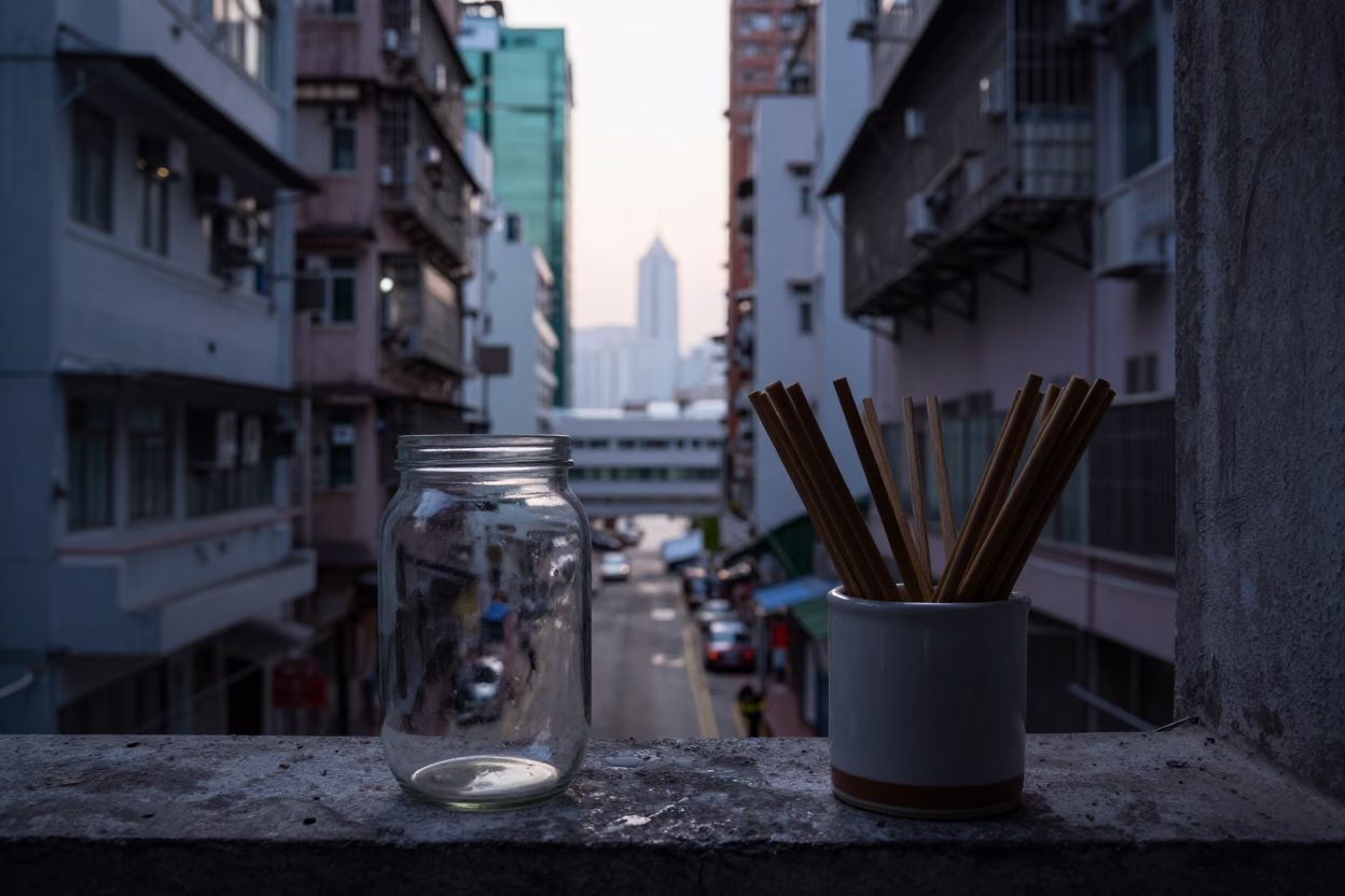 Early Morning Hong Kong Street Scene with Glass Jar and Utensil Crock on Balcony in in Hong Kong, Hong Kong