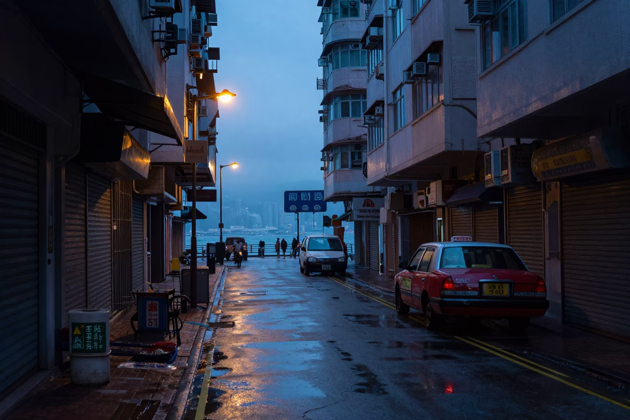 Early Morning Hong Kong Street Scene with Lantern and Grease Sheen Before Sunrise in in Hong Kong, Hong Kong