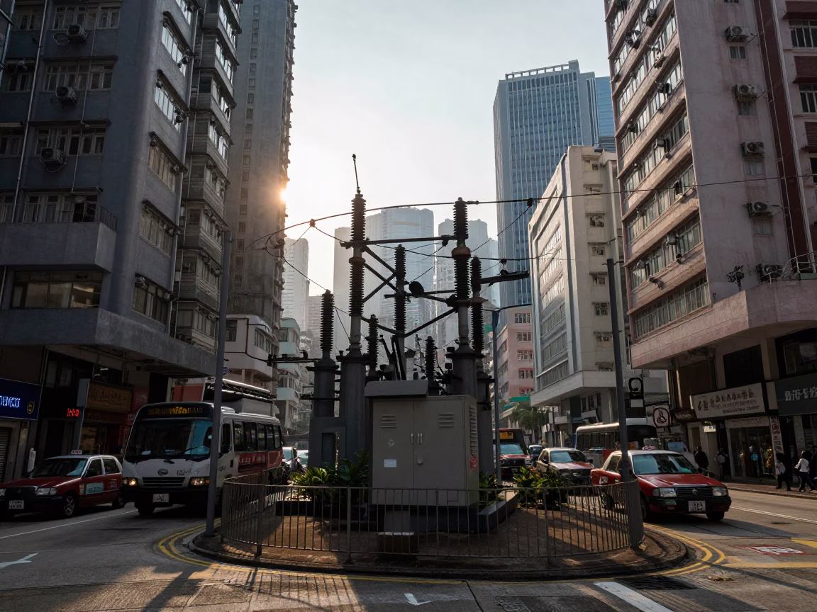 Early Morning Hong Kong Street Scene with Power Substation and Urban Life in in Hong Kong, Hong Kong