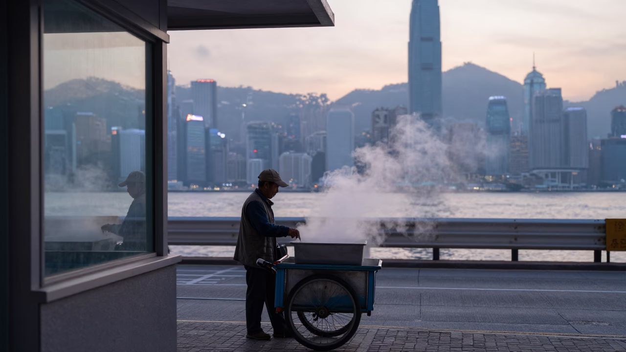 Early Morning Hong Kong Street Scene with Steam and Dawn Light in in Hong Kong, Hong Kong