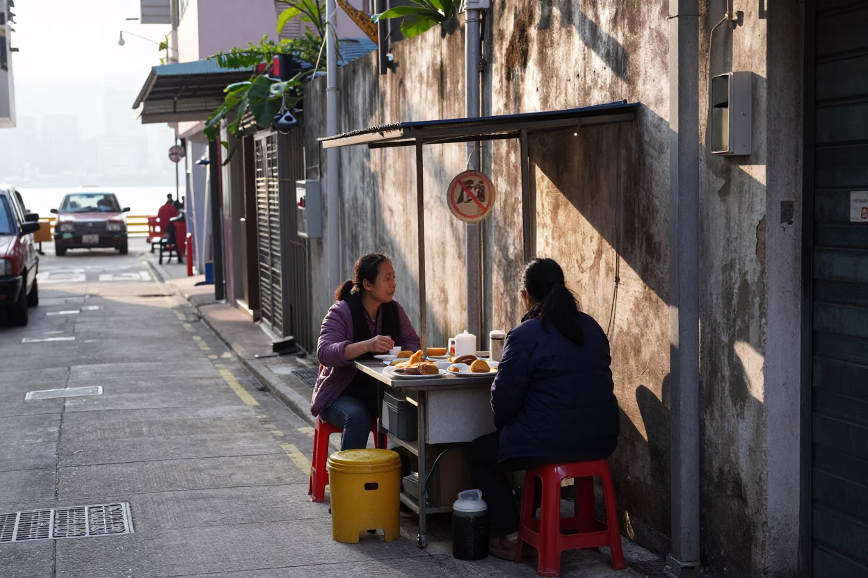 Early Morning Hong Kong Street Scene with Traditional Breakfast and Vintage Bus in in Hong Kong, Hong Kong