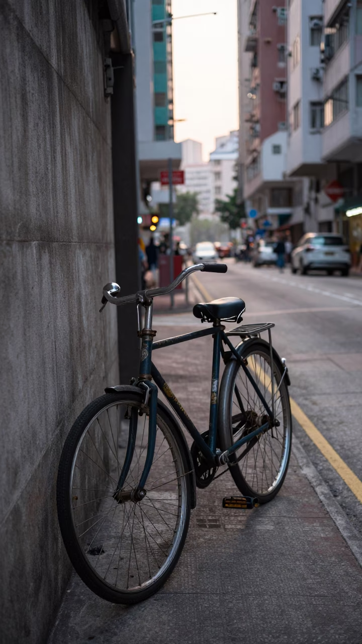 Early Morning Hong Kong Street Scene with Vintage Bicycle and Urban Life in in Hong Kong, Hong Kong
