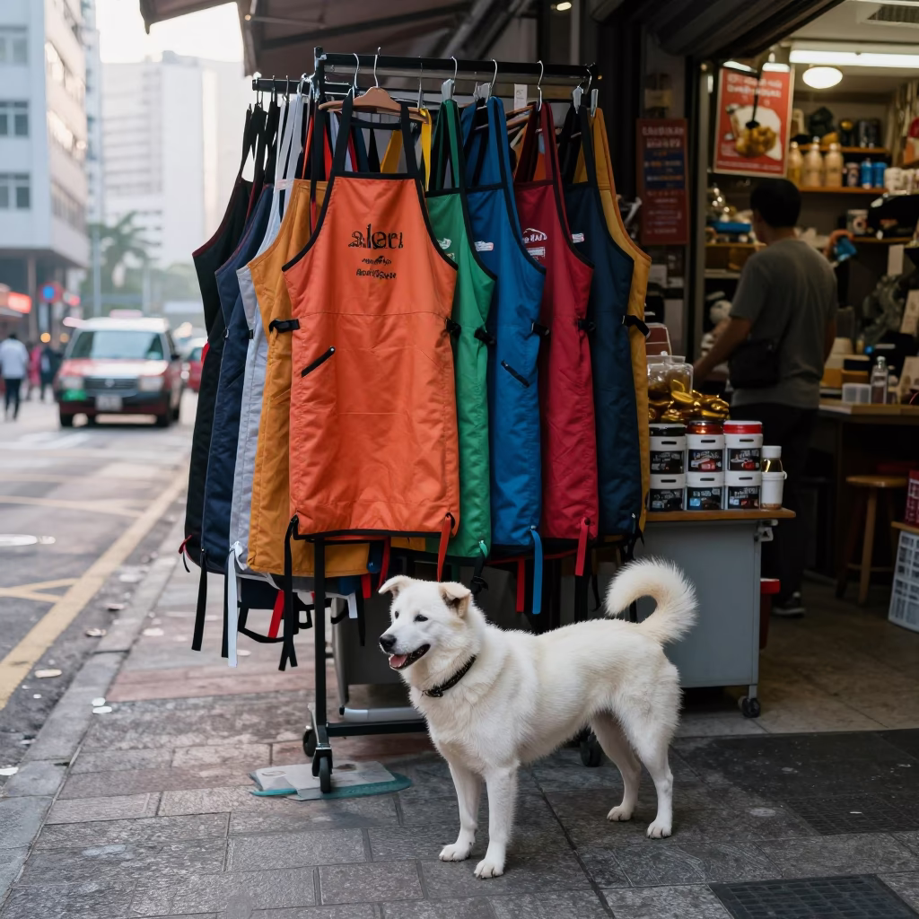 Early Morning Hong Kong Street Scene with White Dog and Colorful Aprons in in Hong Kong, Hong Kong
