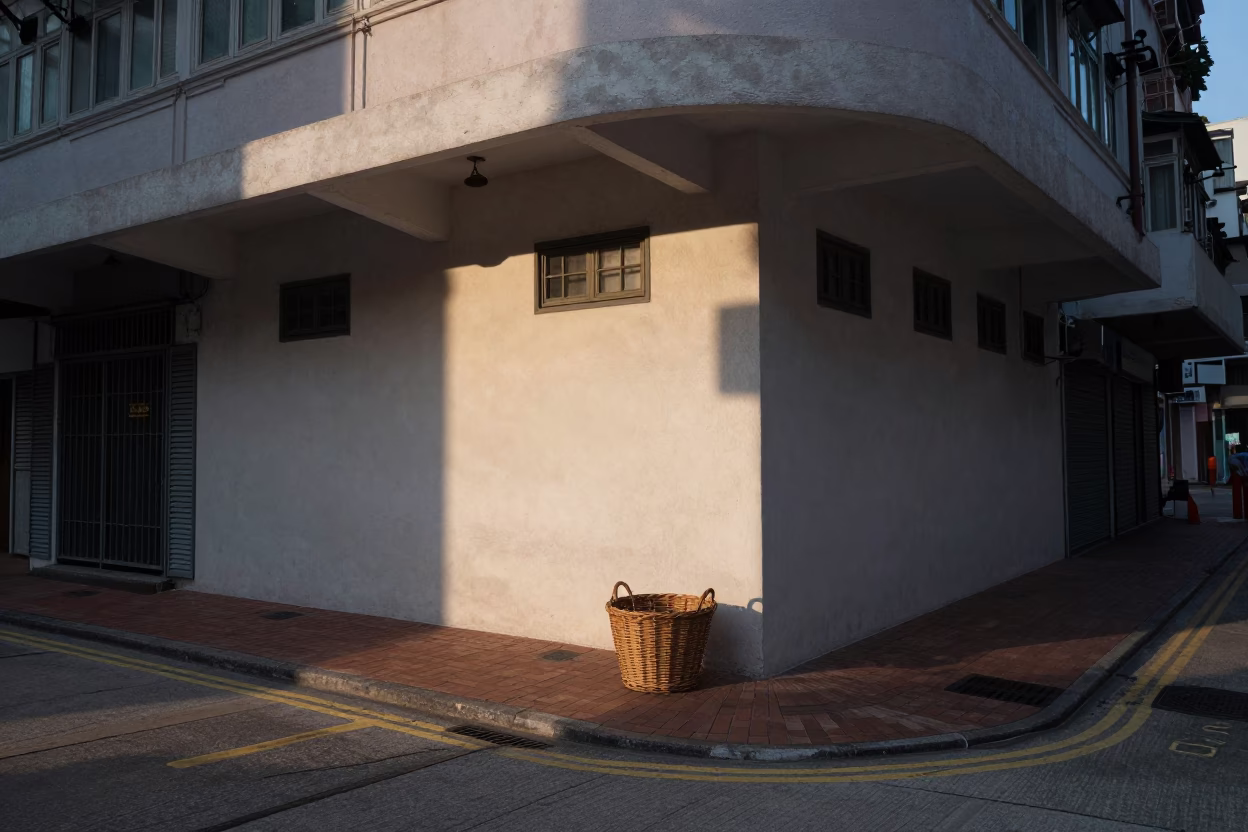 Early Morning Hong Kong Street Scene with Wicker Basket and Concrete Wall in in Hong Kong, Hong Kong