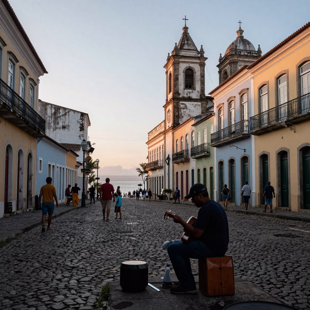 Early Morning Horizon Shot of Salvador Brazil Street Scene with Accordion Player in in Salvador, Brazil
