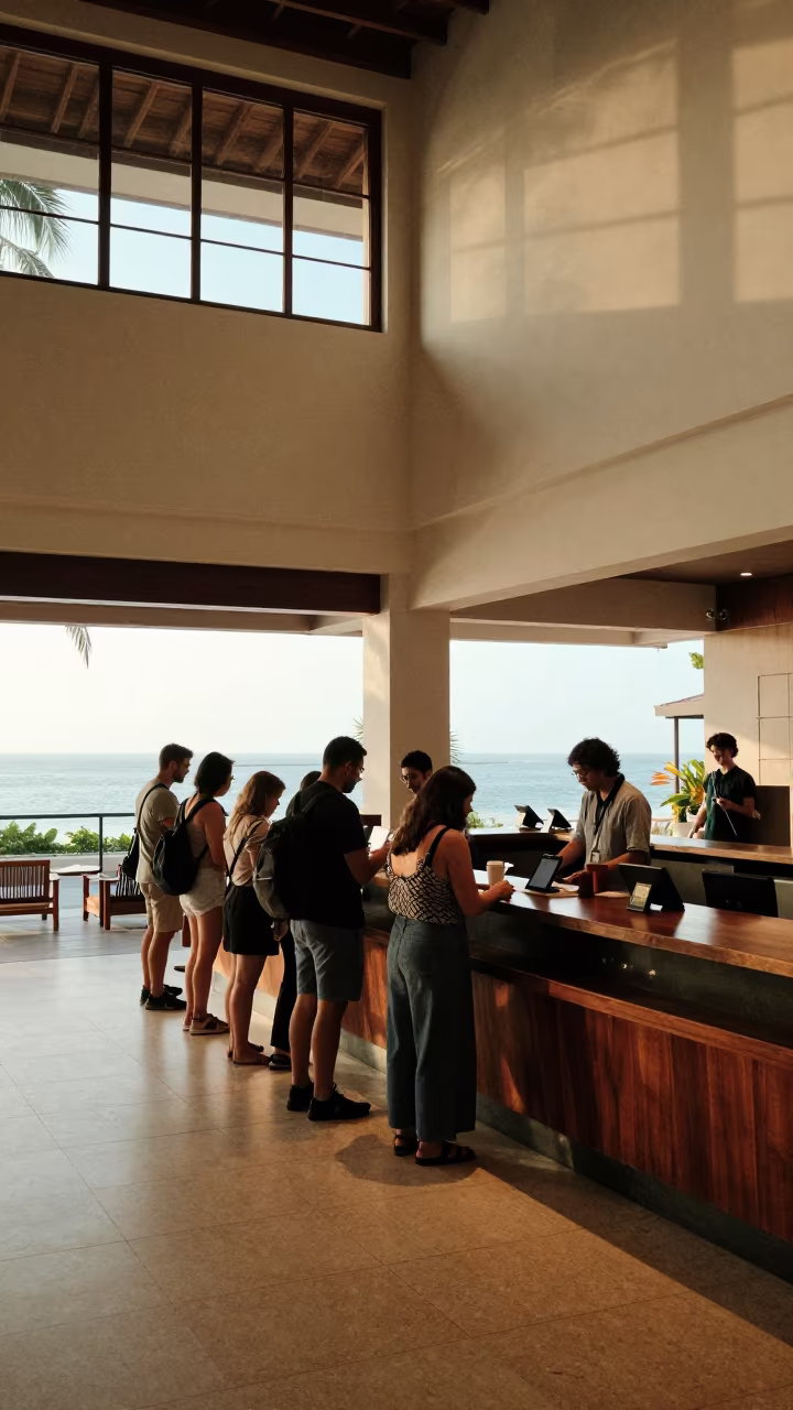 Early Morning Hotel Check-in Queue Near Sea Railing in at a reception desk under warm light near Salvador