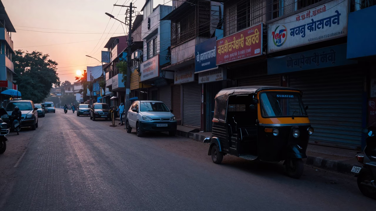 Early Morning Hyderabad Street Scene Before Sunrise with Auto Rickshaw and Shopkeeper in in Hyderabad, India
