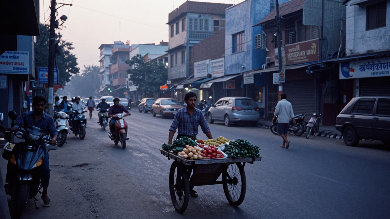 Early Morning Hyderabad Street Scene Before Sunrise with Local Market Activity in in Hyderabad, India