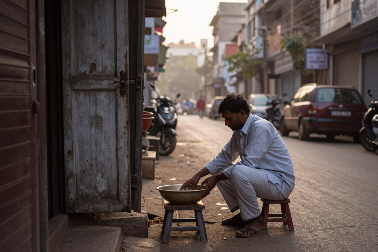 Early Morning Hyderabad Street Scene with Bowl and Spirit Level Before Dawn in in Hyderabad, India