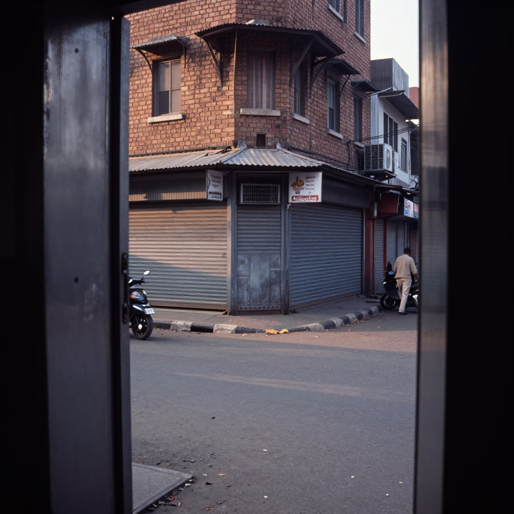 Early Morning Hyderabad Street Scene with Brushed Steel Doorframe and Local Commerce in in Hyderabad, India