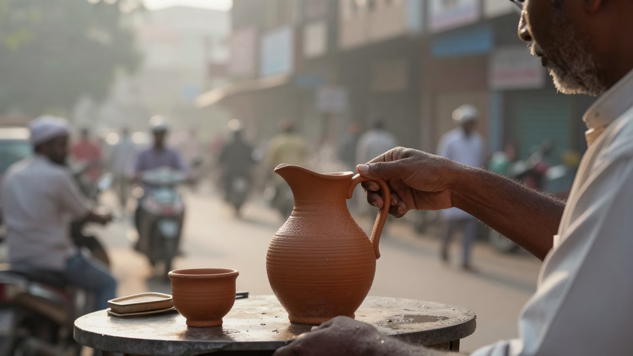 Early Morning Hyderabad Street Scene with Ceramic Pitcher and Brushed Steel Rail in in Hyderabad, India