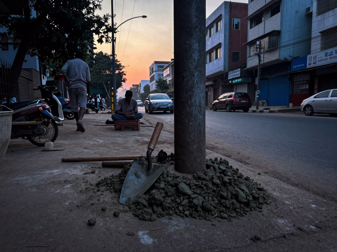 Early Morning Hyderabad Street Scene with Construction Tools and Local Life Before Sunrise in in Hyderabad, India