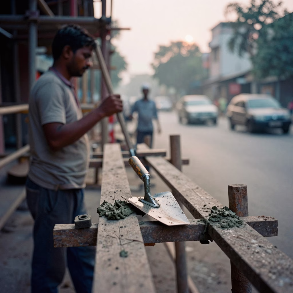 Early Morning Hyderabad Street Scene with Construction Tools and Local Market Activity in in Hyderabad, India