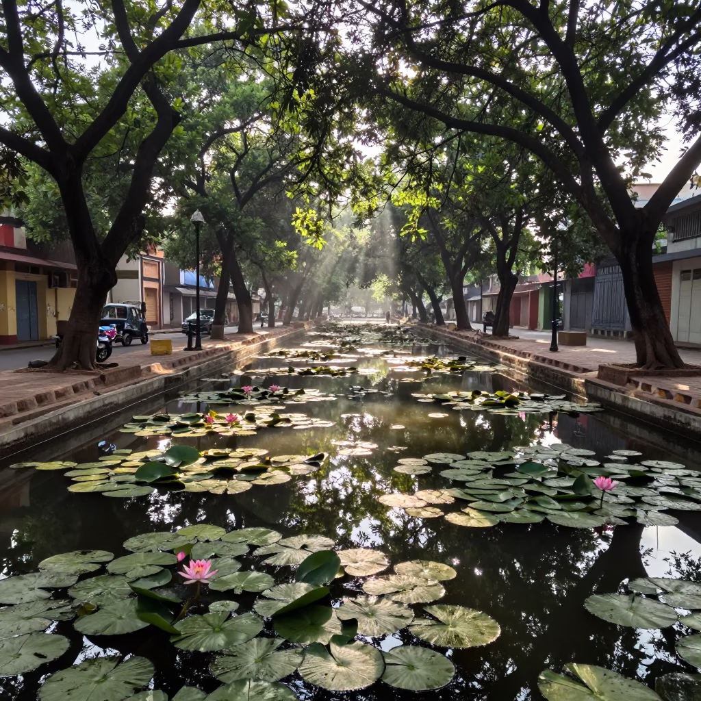 Early Morning Hyderabad Street Scene with Lotus Pond and Local Vendor Activity in in Hyderabad, India