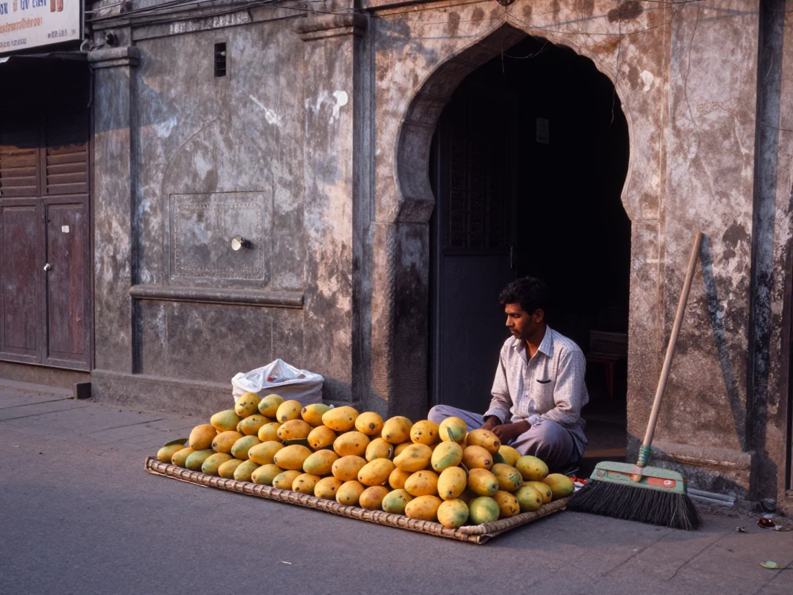 Early Morning Hyderabad Street Scene with Mangoes and Brooms Near Charminar in in Hyderabad, India