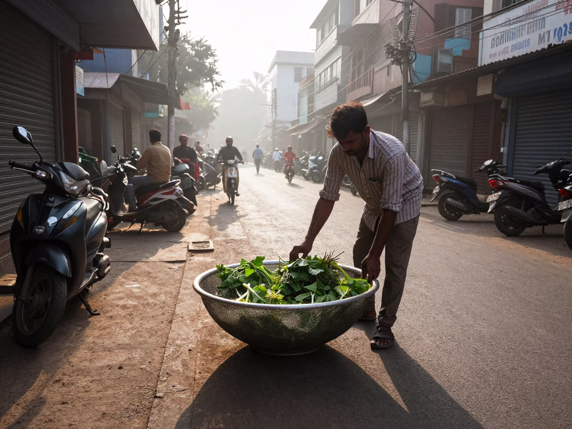 Early Morning Hyderabad Street Scene with Mesh Colander and Local Morning Routine in in Hyderabad, India