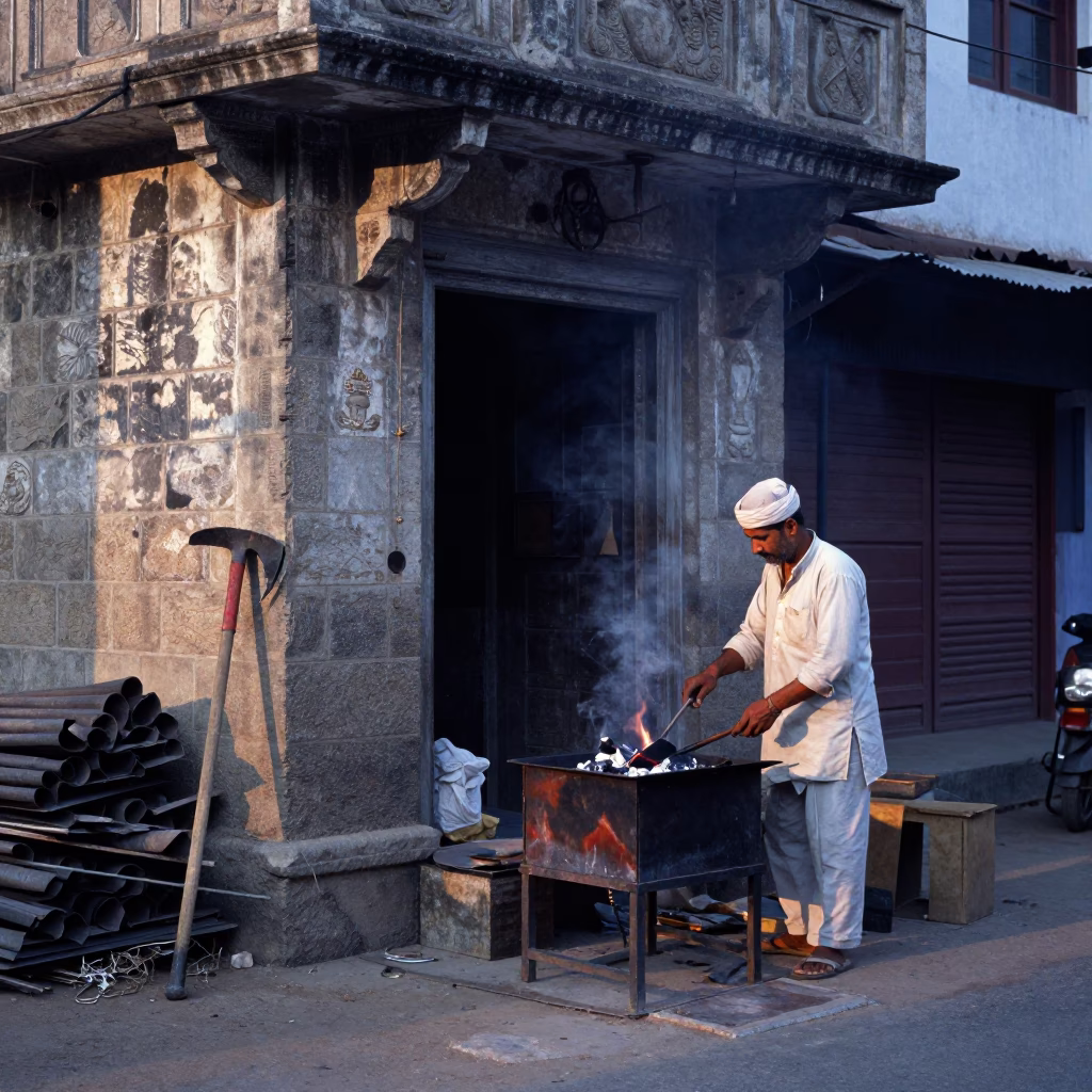 Early Morning Hyderabad Street Scene with Metalworker and Traditional Architecture in in Hyderabad, India