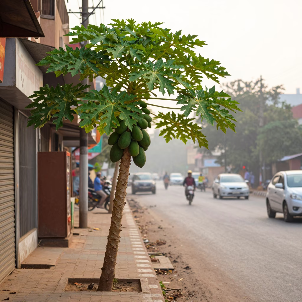Early Morning Hyderabad Street Scene with Papaya Tree and Lotus Bud in in Hyderabad, India