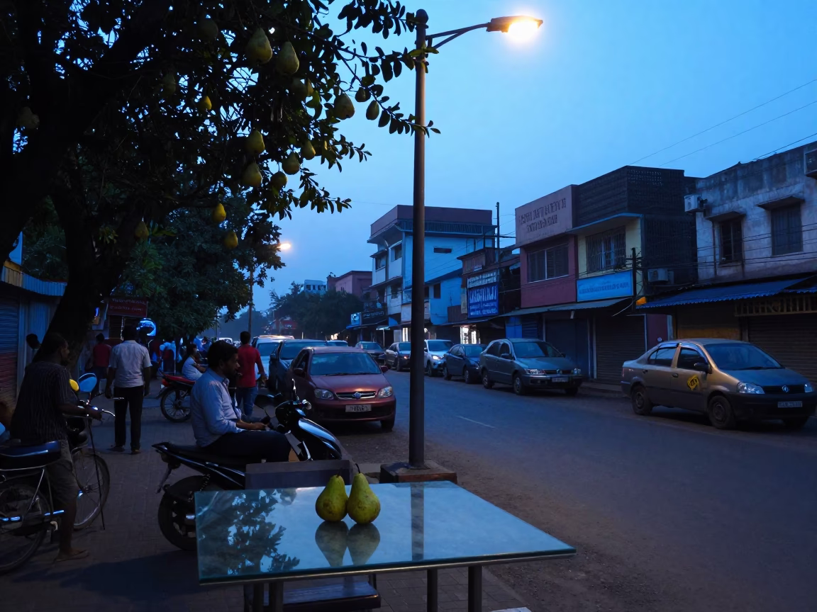 Early Morning Hyderabad Street Scene with Pears and Clear Glass Tabletop in in Hyderabad, India