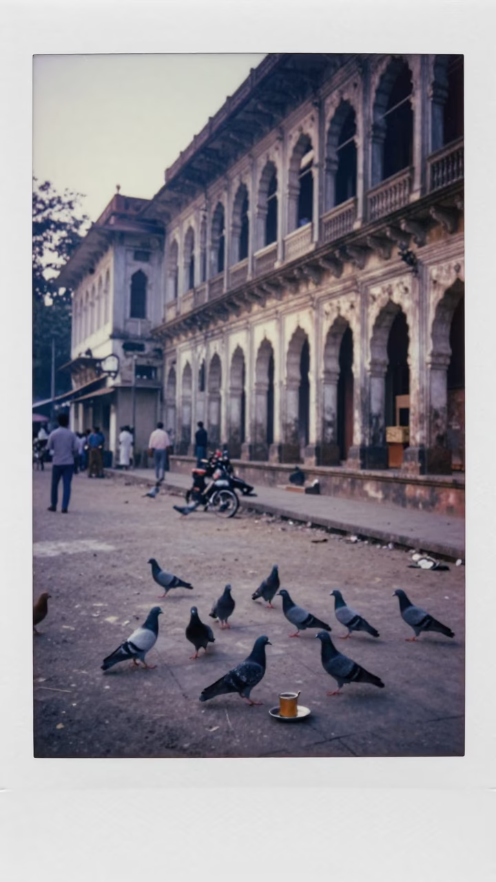 Early Morning Hyderabad Street Scene with Pigeons and Heritage Architecture in in Hyderabad, India