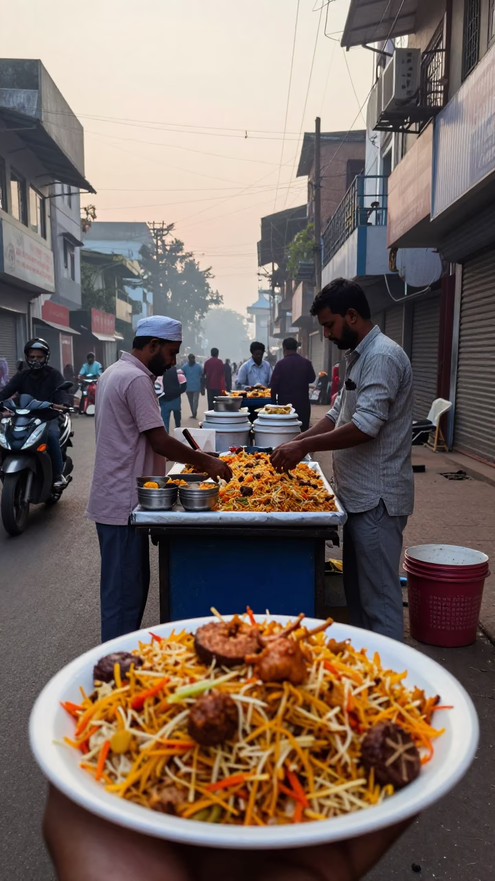 Early Morning Hyderabad Street Scene with Plate of Koshari and Bananas in in Hyderabad, India