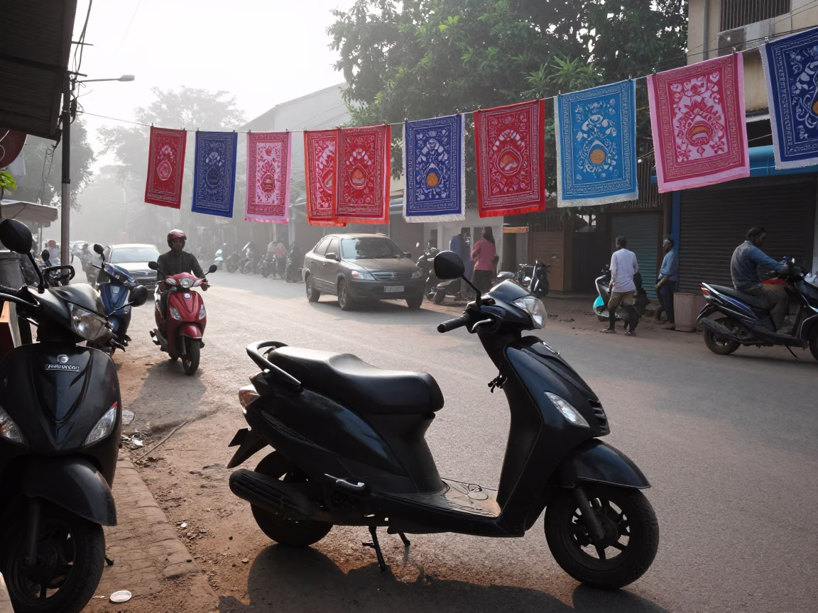 Early Morning Hyderabad Street Scene with Scooter and Tea Towels in in Hyderabad, India