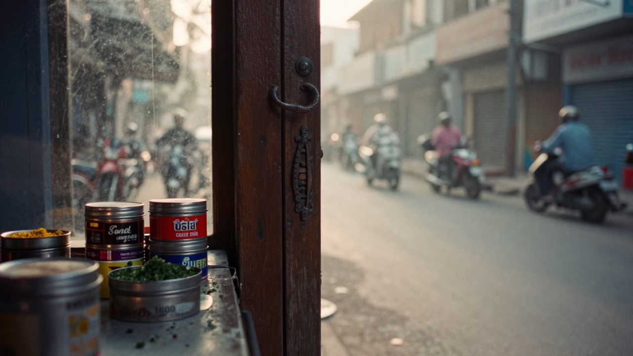 Early Morning Hyderabad Street Scene with Spice Tins and Doorframe in in Hyderabad, India