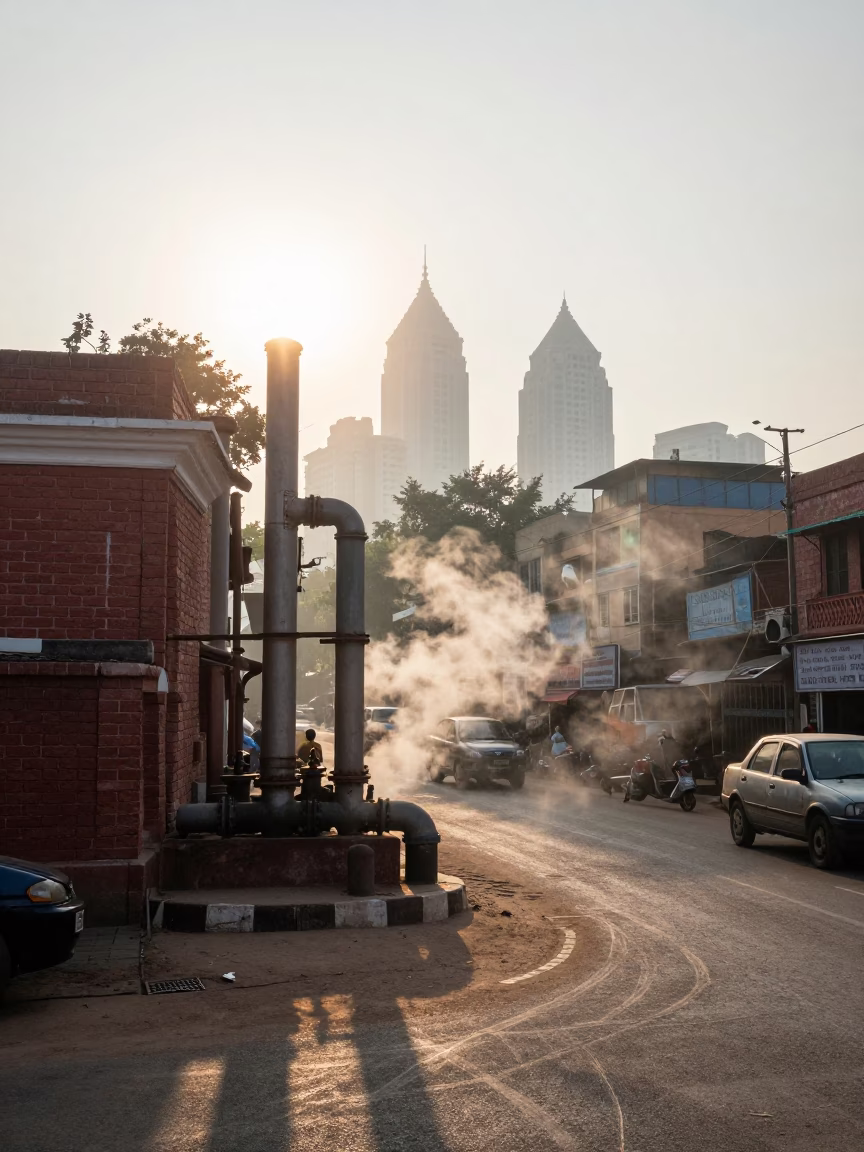 Early Morning Hyderabad Street Scene with Steam Pipes and Frost Coated Fencing in in Hyderabad, India