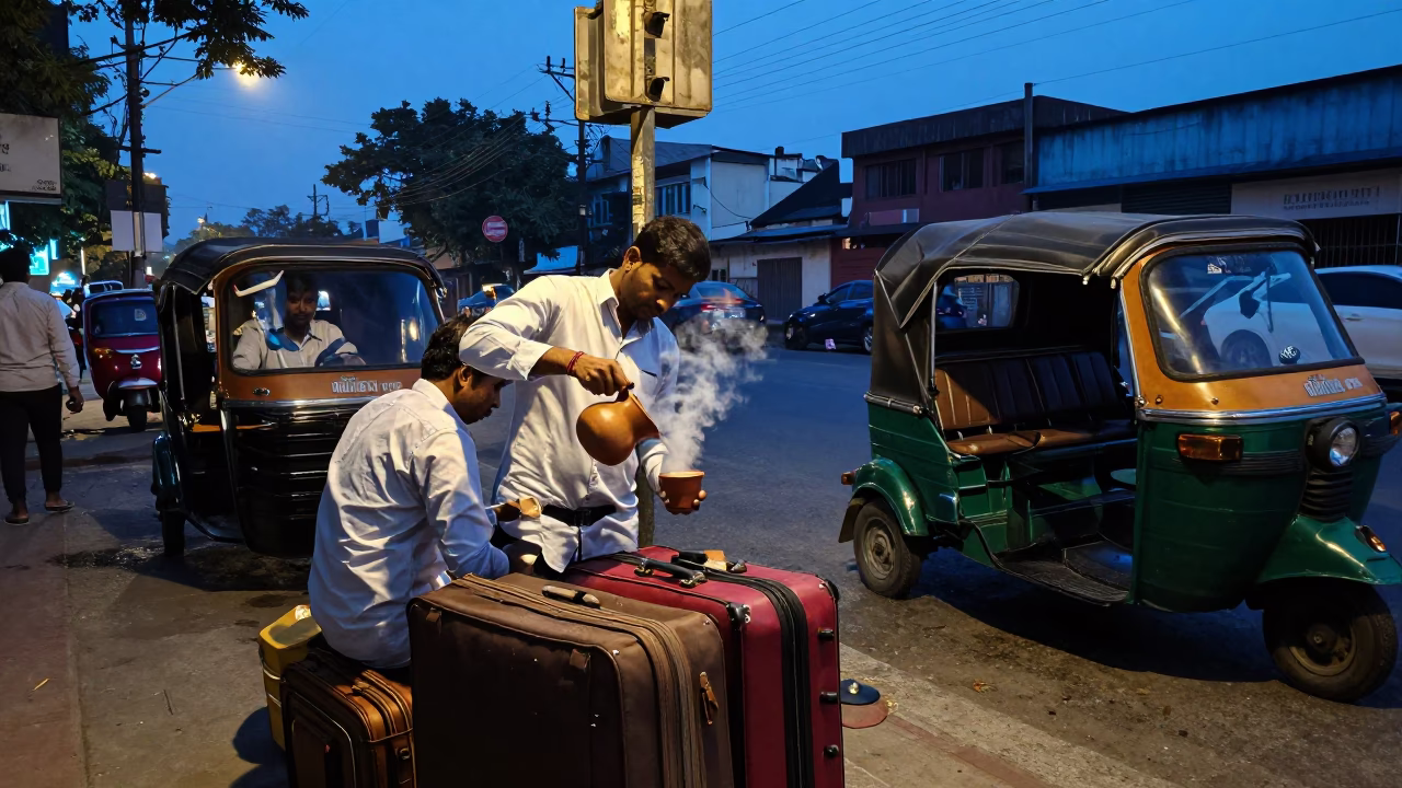 Early Morning Hyderabad Street Scene with Suitcases and Local Commerce Before Dawn in in Hyderabad, India