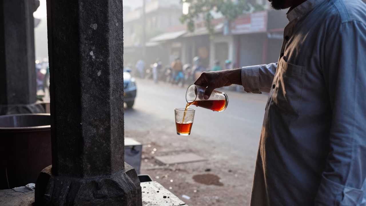 Early Morning Hyderabad Street Scene with Tea Stains and Woven Cane Light in in Hyderabad, India