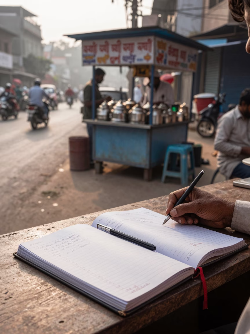 Early Morning Hyderabad Street Scene with Tea Stall and Ledger in in Hyderabad, India