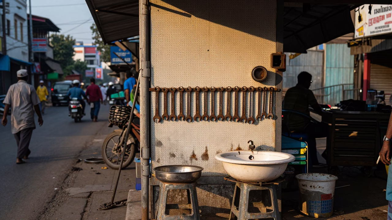 Early Morning Hyderabad Street Scene with Tool Pegboard and Paint Flecks on Basin in in Hyderabad, India