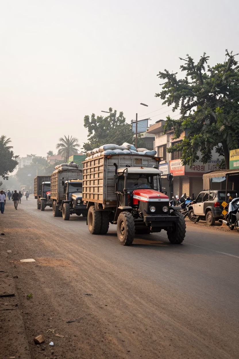 Early Morning Hyderabad Street Scene with Tractor Trailer and Traditional Architecture in in Hyderabad, India