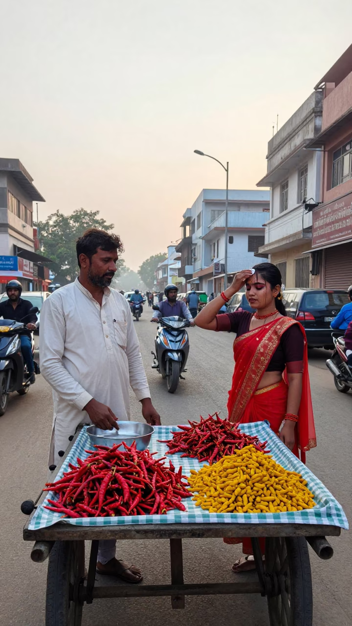 Early Morning Hyderabad Street Scene with Vendor and Traditional Pottery in in Hyderabad, India