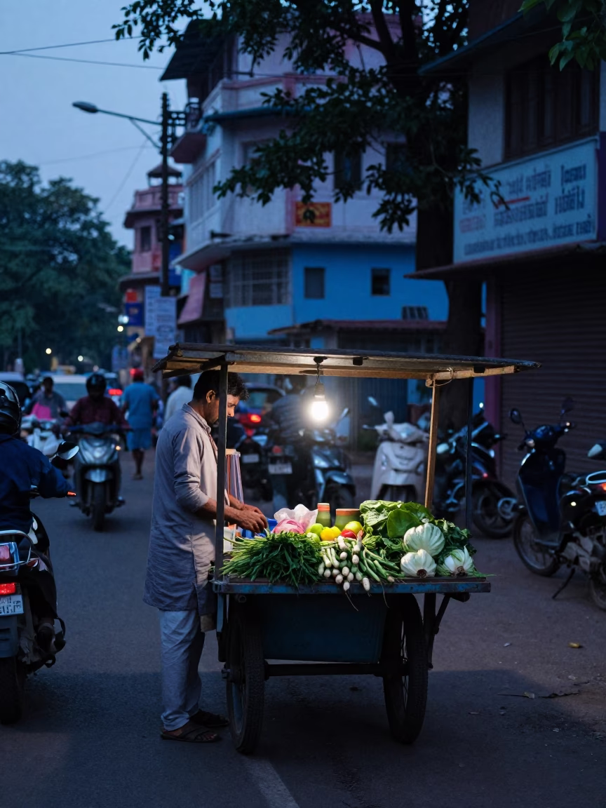 Early Morning Hyderabad Street Scene with Vendor Stall and Umbrellas Before Dawn in in Hyderabad, India
