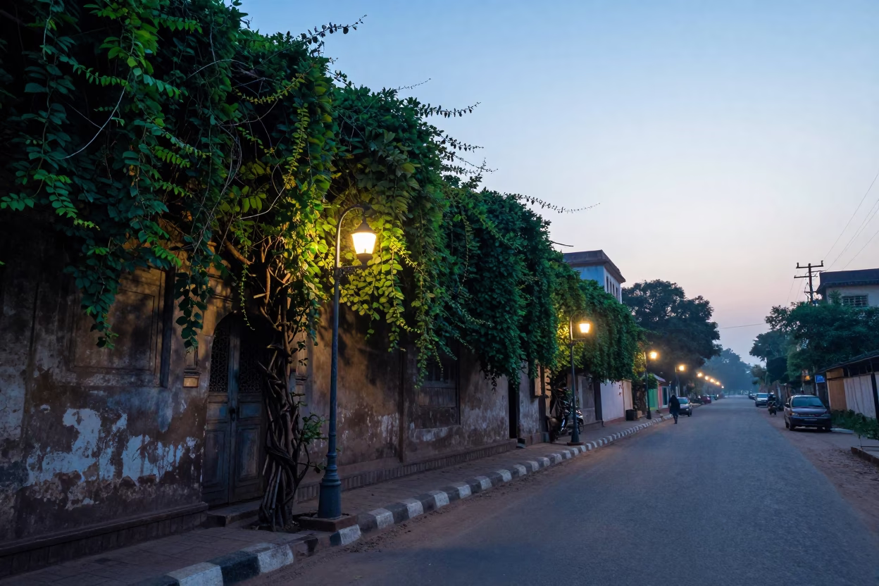 Early Morning Hyderabad Street Scene with Vine and Lanterns Before Sunrise in in Hyderabad, India