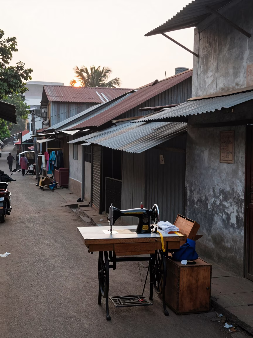 Early Morning Hyderabad Street Scene with Vintage Sewing Machine and Mechanical Pencil in in Hyderabad, India