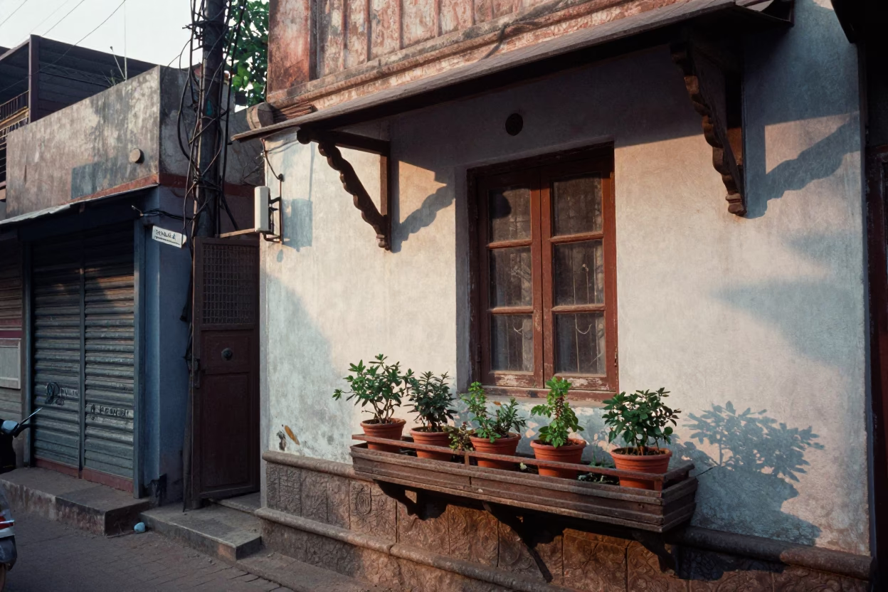 Early Morning Hyderabad Street Scene with Window Box and Linen Fringe Detail in in Hyderabad, India