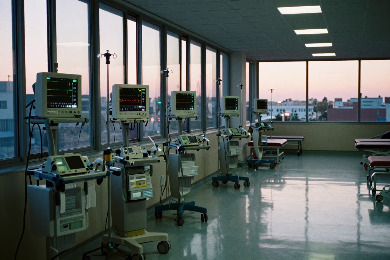 Early Morning ICU Room with Monitor Glow and Glass Doors in inside a rehabilitation gym in Valencia