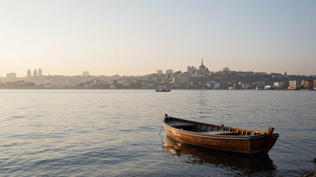 Early Morning Istanbul Bosphorus View with Fishing Boat and City Skyline in in Istanbul, Turkey