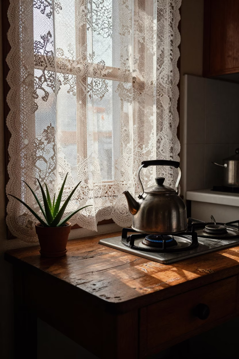 Early Morning Istanbul Kitchen Scene with Kettle and Aloe Vera Plant in Soft Light in in Istanbul, Turkey