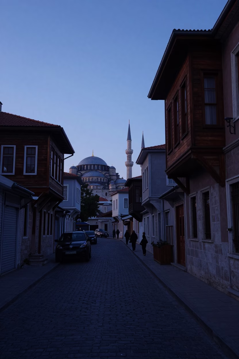 Early Morning Istanbul Street Scene Before Dawn with Wooden Longtail Boat and City Lights in in Istanbul, Turkey