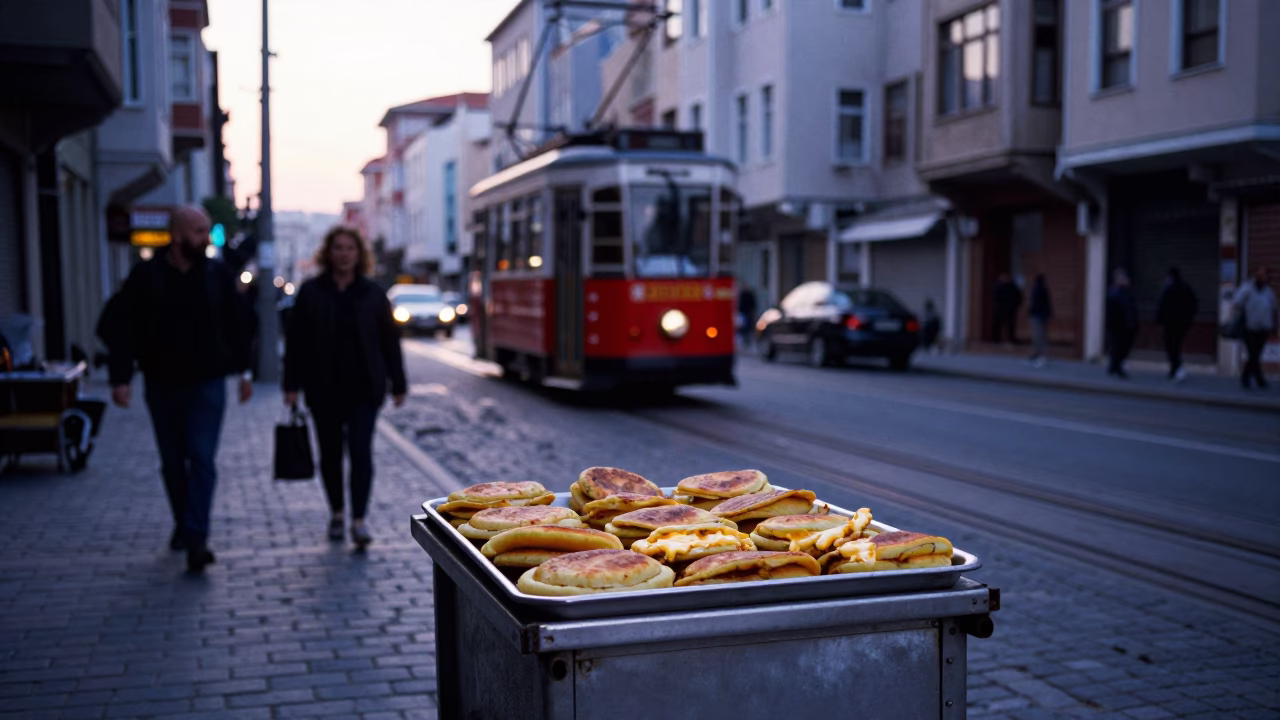 Early Morning Istanbul Street Scene Before Sunrise with Funicular Railway and Local Food Vendor in in Istanbul, Turkey