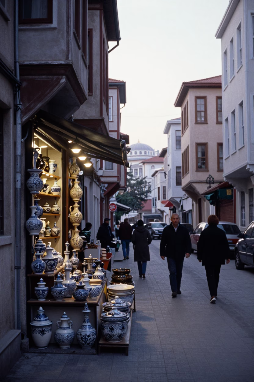 Early Morning Istanbul Street Scene with Ceramic Shop Display and Local Market Activity in in Istanbul, Turkey