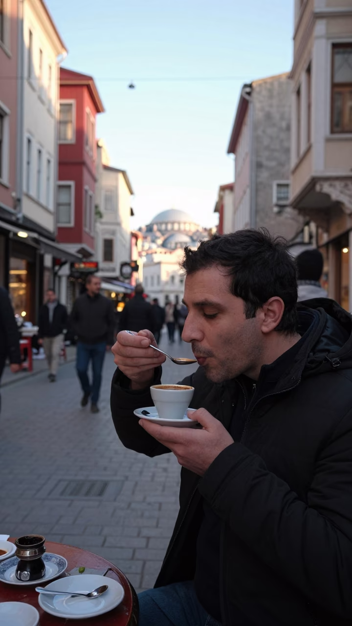 Early Morning Istanbul Street Scene with Coffee Cupper Tasting from Silver Spoon in in Istanbul, Turkey