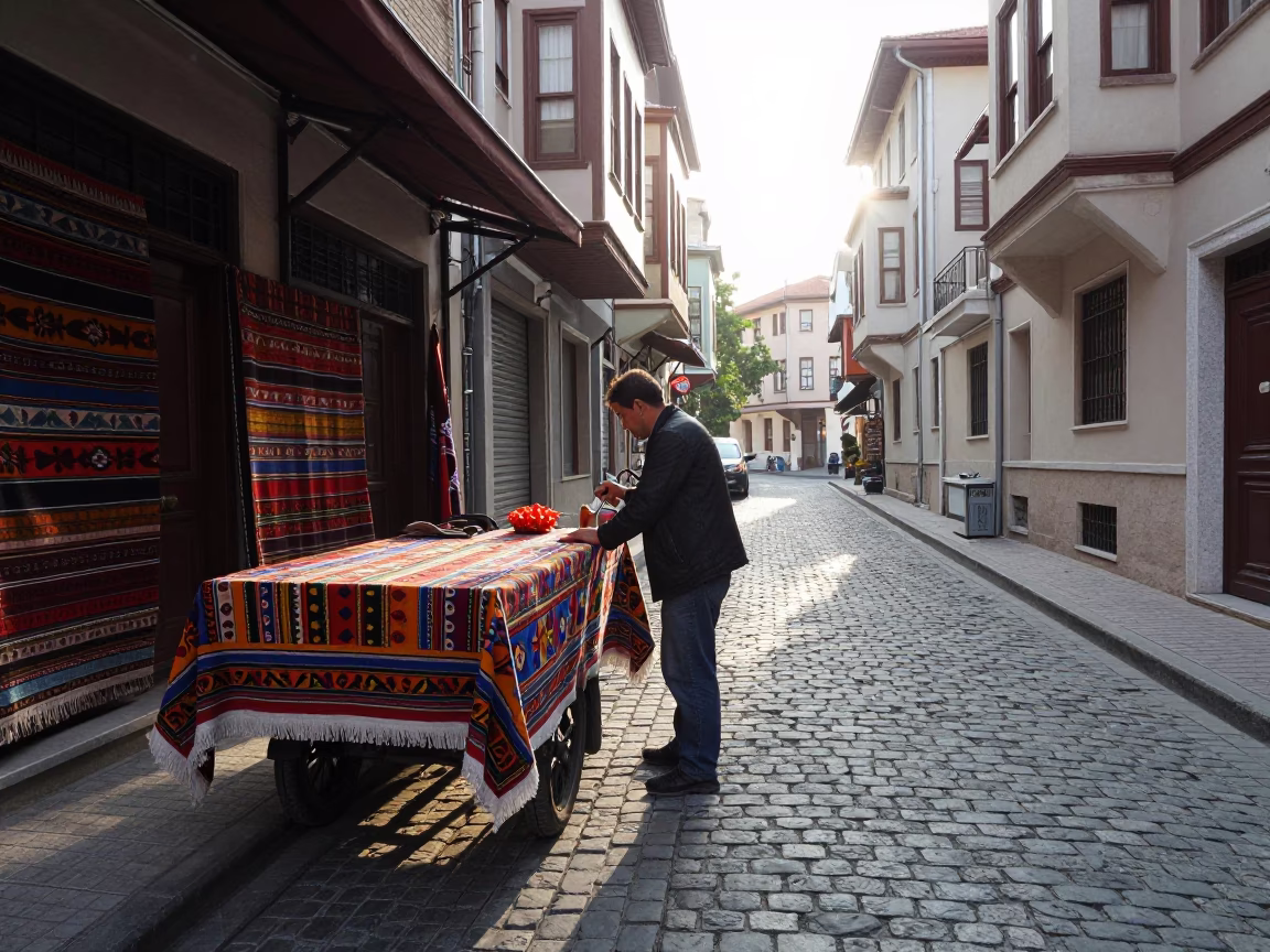 Early Morning Istanbul Street Scene with Colorful Tablecloth and Local Breakfast in in Istanbul, Turkey