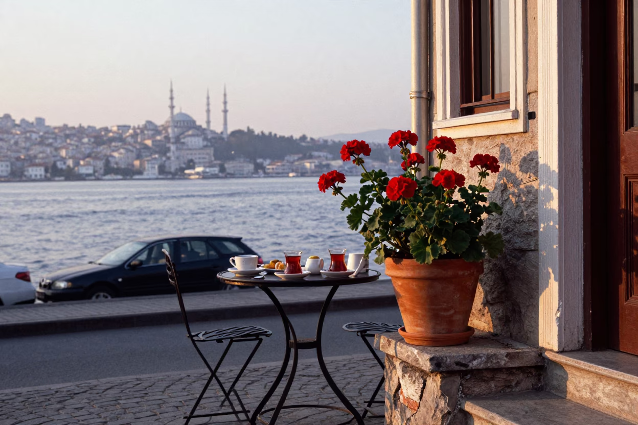 Early Morning Istanbul Street Scene with Geraniums and Tea Stains in in Istanbul, Turkey