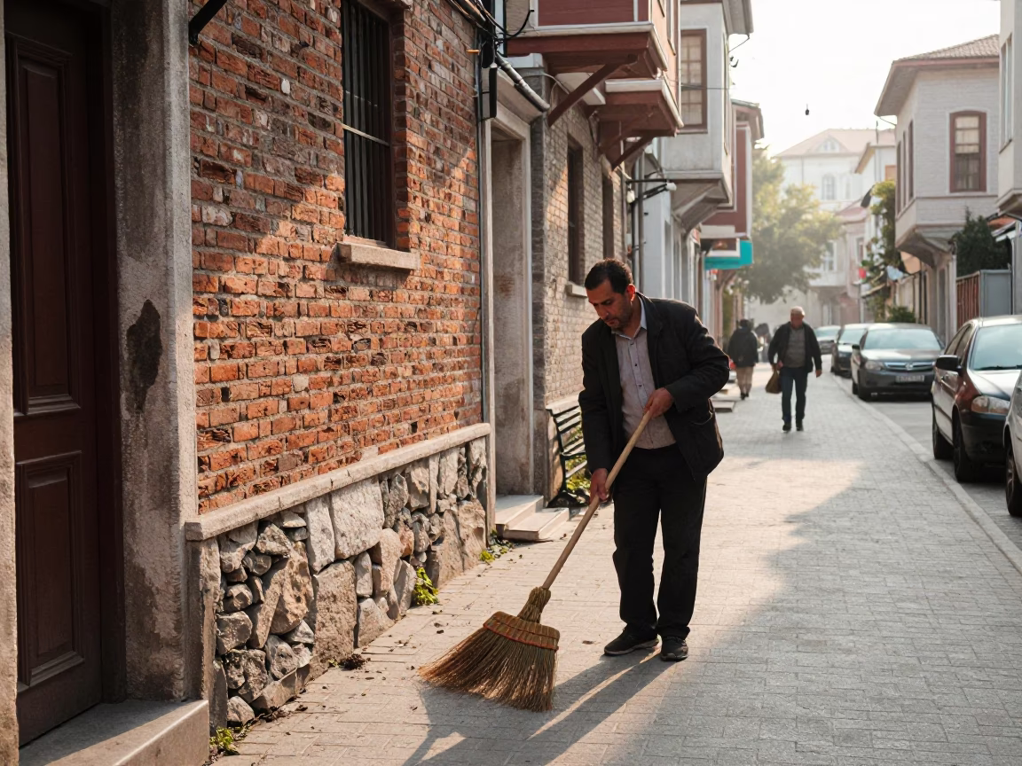 Early Morning Istanbul Street Scene with Hand Broom and Local Morning Routine in in Istanbul, Turkey